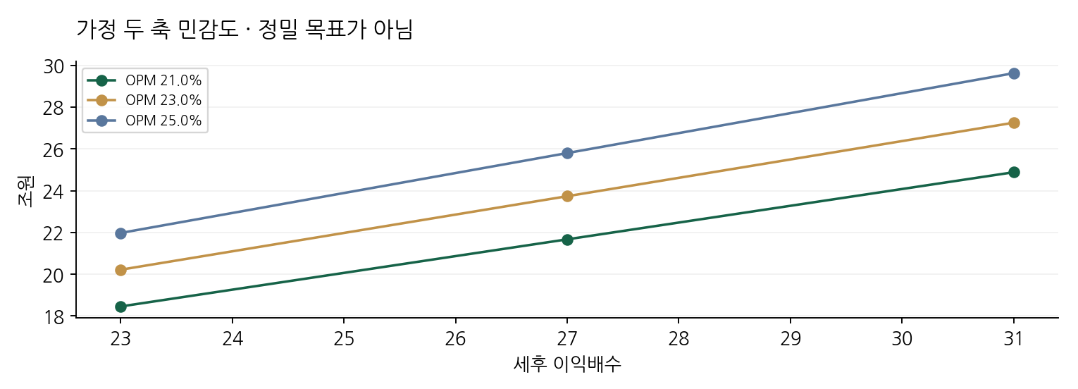 가정 두 축 민감도 · 정밀 목표가 아님