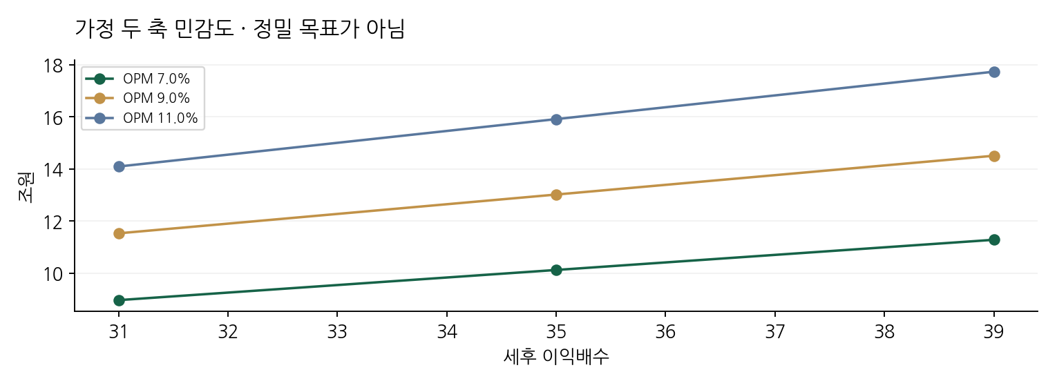 가정 두 축 민감도 · 정밀 목표가 아님