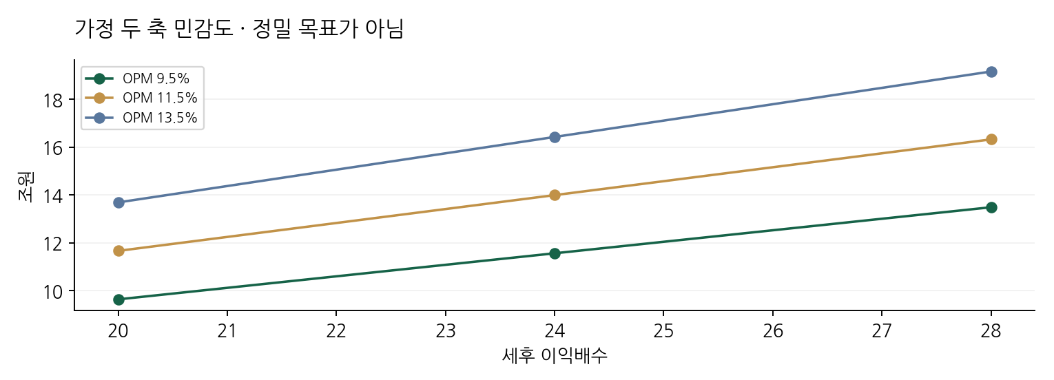 가정 두 축 민감도 · 정밀 목표가 아님